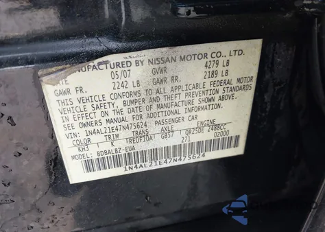 2007 Nissan Altima 2.5 S from USA, damaged, VIN 1N4AL21E47N475624